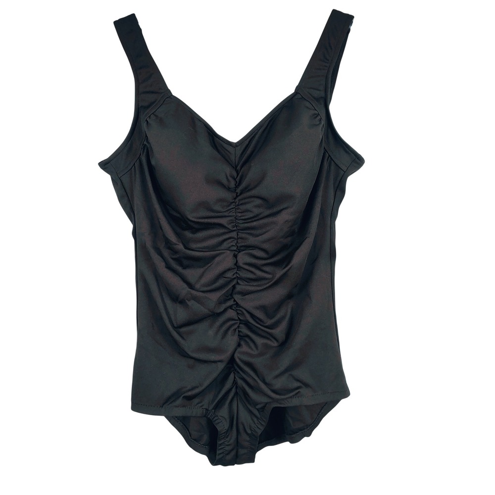 NWT Le Cove Womens 24W Ruched One Piece Swimsuit Black Solid Classic Minimalist